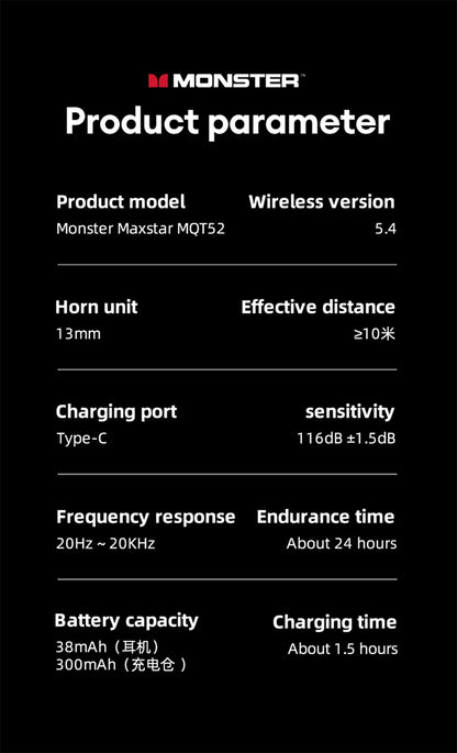 Monster MQT52 kabellose Bluetooth 5.4-Ohrhörer mit langer Akkulaufzeit, Gaming-Kopfhörer im Dual-Modus, Hi-Fi-Stereoklang-Headset mit Mikrofon