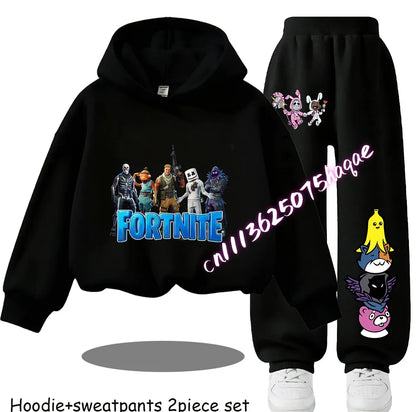Sweats com Capuz Infantis Estampadas Fortnite, Conjunto Cartoon Confortável de 2 Peças, Tops Largos de Manga Comprida com Calças, Roupa de Outono/Inverno, Presente