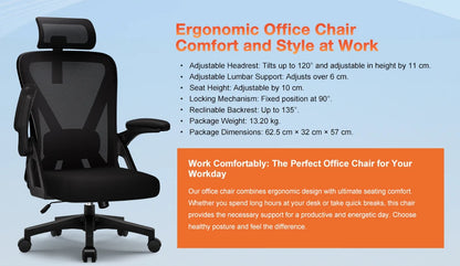 Office Chair Ergonomic Reclining 90°-135°, Desk Chair with Lumbar Support, Computer Chair Adjustable Headrest, Living Room Chairs