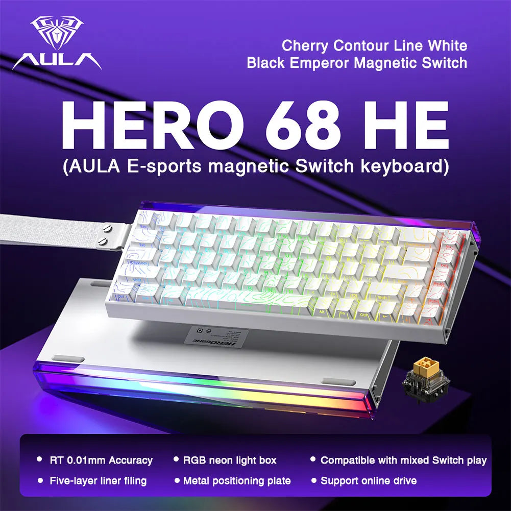 Teclado mecânico gaming com fios AULA HERO68 HE, switches magnéticos, Rapid Trigger, taxa de polling 8K, RGB, para esports