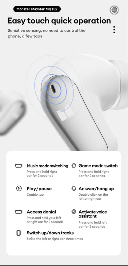 Monster MQT52 kabellose Bluetooth 5.4-Ohrhörer mit langer Akkulaufzeit, Gaming-Kopfhörer im Dual-Modus, Hi-Fi-Stereoklang-Headset mit Mikrofon
