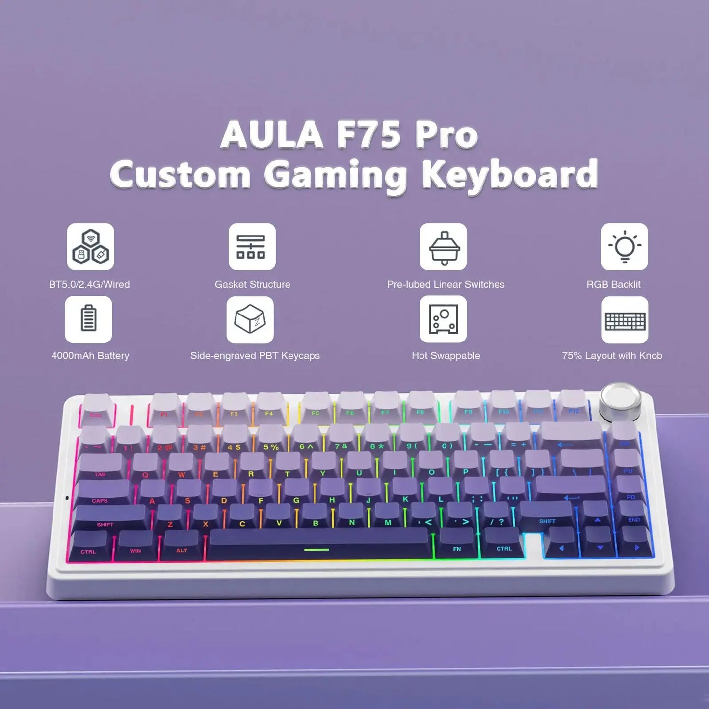 AULA F75 Pro Teclado mecánico gaming inalámbrico con montaje gasket, RGB personalizable, distribución 75% y teclas PBT con grabado lateral