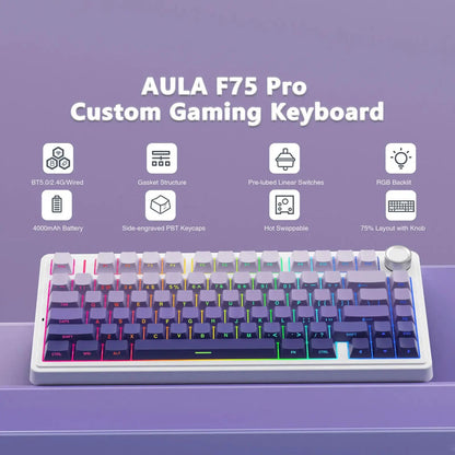 AULA F75 Pro Teclado mecánico gaming inalámbrico con montaje gasket, RGB personalizable, distribución 75% y teclas PBT con grabado lateral
