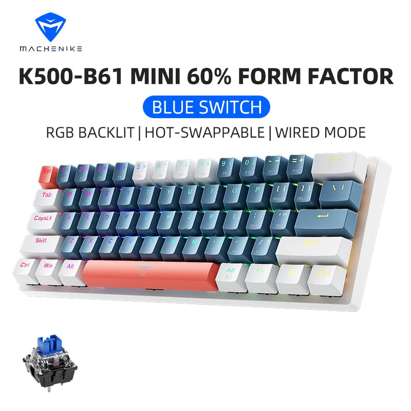 K500-B61 Machenike Mini Teclado Mecânico 60% 61 Teclas Gaming com Fio, Totalmente Hot-Swappable, Retroiluminação RGB