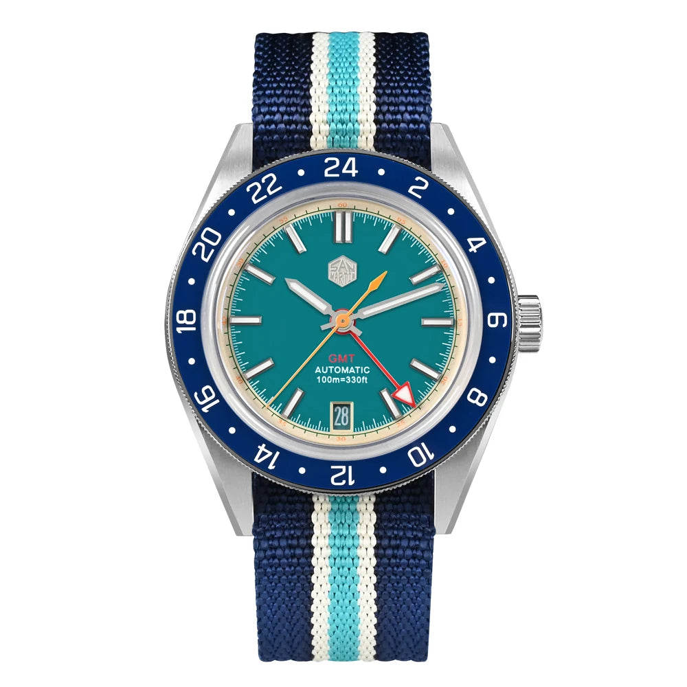 Orologio da uomo automatico San Martin 39.5mm Limited Edition con quadrante Full Lume, NH34 GMT, data a ore 6, 10Bar, Kol Saati di lusso SN0116W