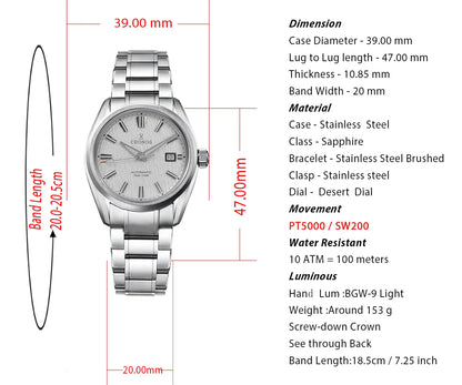 Cronos Men's Watch 39mm Automatic Wristwatch White Dial Solid Links Sapphire 10 ATM L6037M
