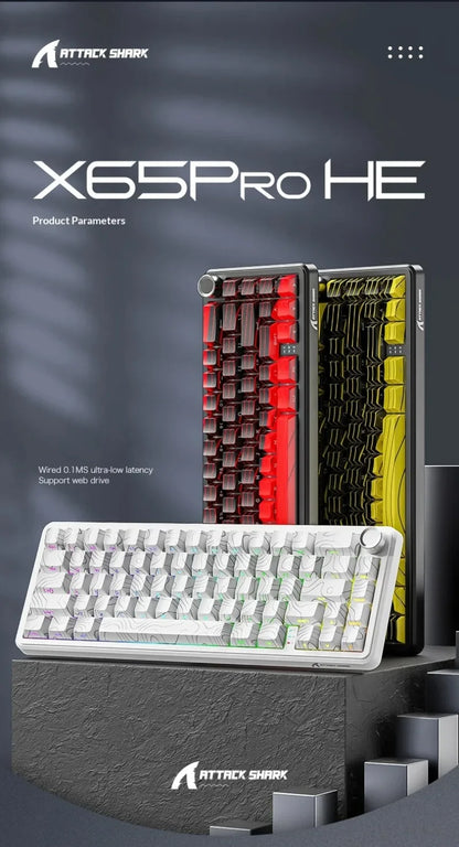 Teclados Gaming Sem Fios Attack Shark X65 PRO HE com Switches Magnéticos 8K RT0.001mm, Gravação Lateral, Bluetooth, Windows Mac PC