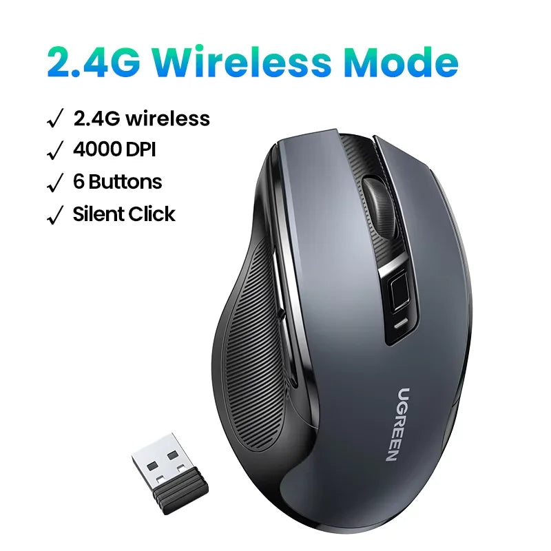 UGREEN kabellose Maus Bluetooth 5.0, ergonomische Maus 4000DPI mit 6 leisen Tasten, für MacBook, Tablet, Laptops, Computer, PC, 2.4G-Maus