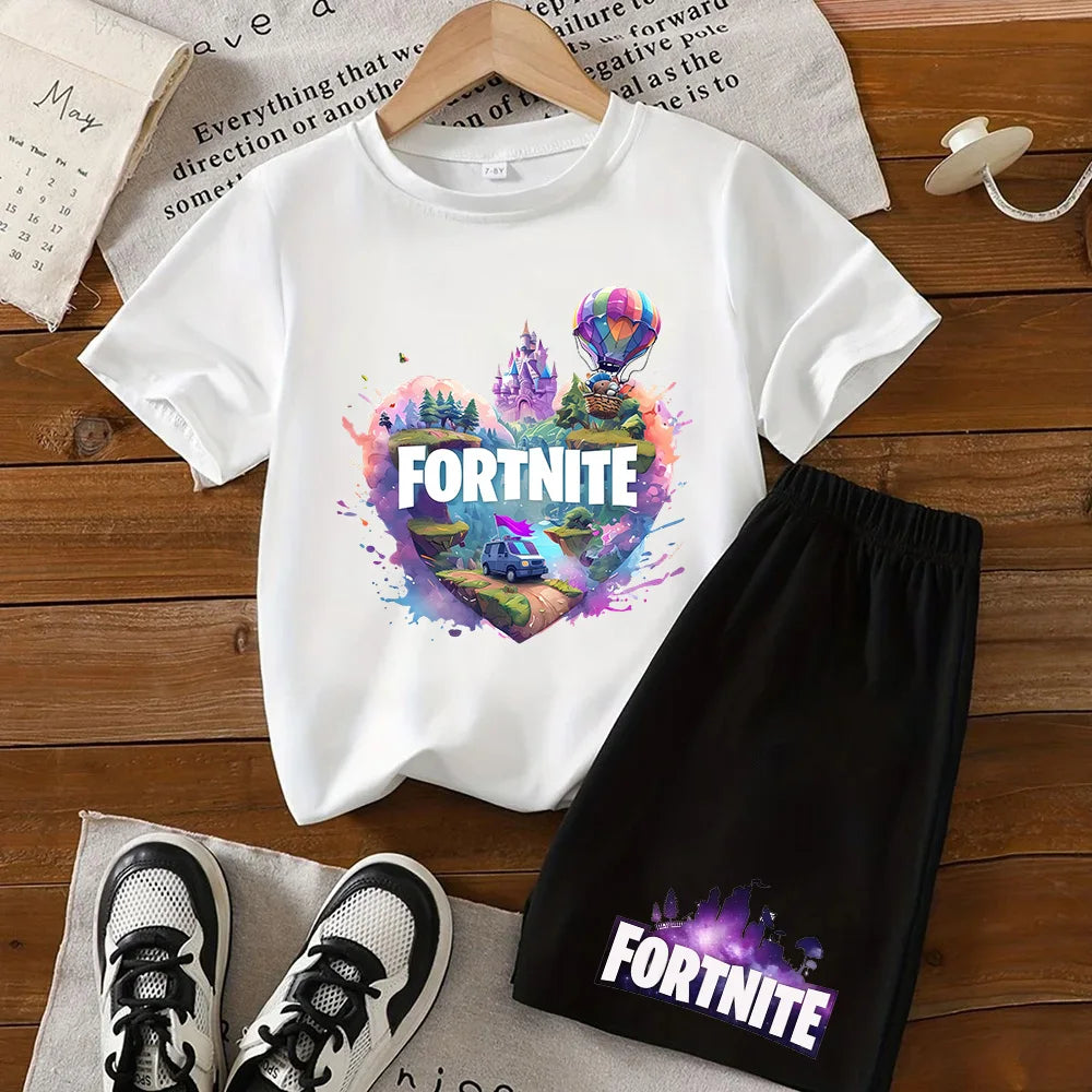 Angesagtes Fortnite-Kinder-Set mit T-Shirt und Shorts, Cartoon-Figur-Print, Sommer-Freizeit-Sportbekleidung für Jungen