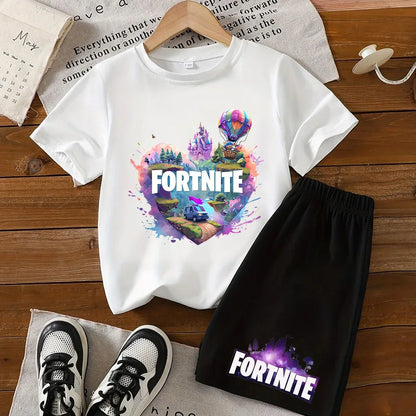 Angesagtes Fortnite-Kinder-Set mit T-Shirt und Shorts, Cartoon-Figur-Print, Sommer-Freizeit-Sportbekleidung für Jungen