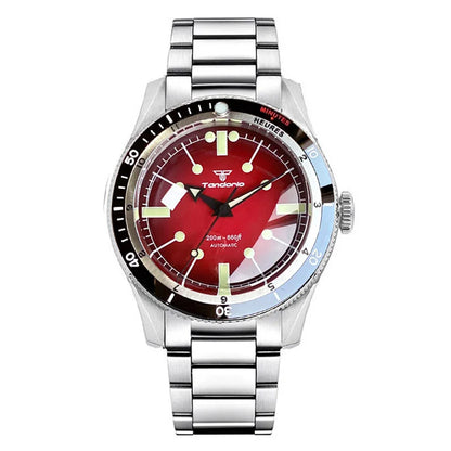 Tandorio NH35A PT5000 Mechanical Men's Watch 20BAR Waterproof Sapphire Luminous Red Black Dial Stainless Steel Bracelet New Clock