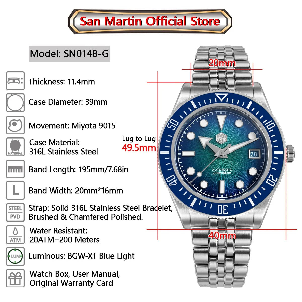 San Martin 40mm Luxus-Taucheruhr für Herren, Miyota 9015, Sunburst-Emaille-Zifferblatt, automatische mechanische Armbanduhr, wasserdicht bis 200m, SN0148