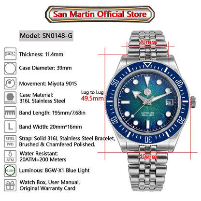 San Martin 40mm Luxus-Taucheruhr für Herren, Miyota 9015, Sunburst-Emaille-Zifferblatt, automatische mechanische Armbanduhr, wasserdicht bis 200m, SN0148