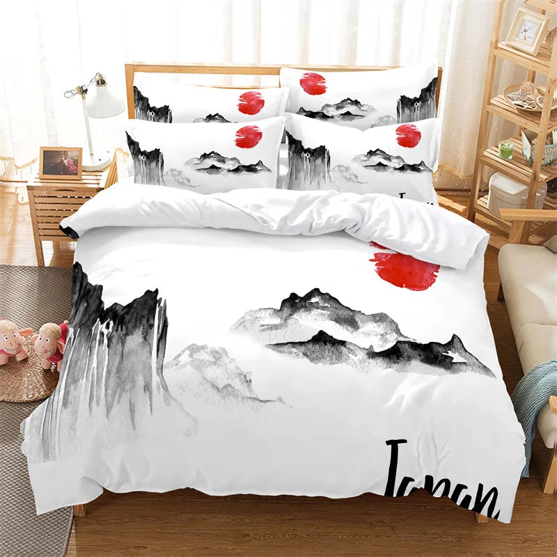 Conjunto de capa de edredão com pintura de bambu, conjunto de roupa de cama em estilo chinês, linho juvenil, tamanho Queen, conjunto de capa de edredão, conjunto de roupa de cama moderno