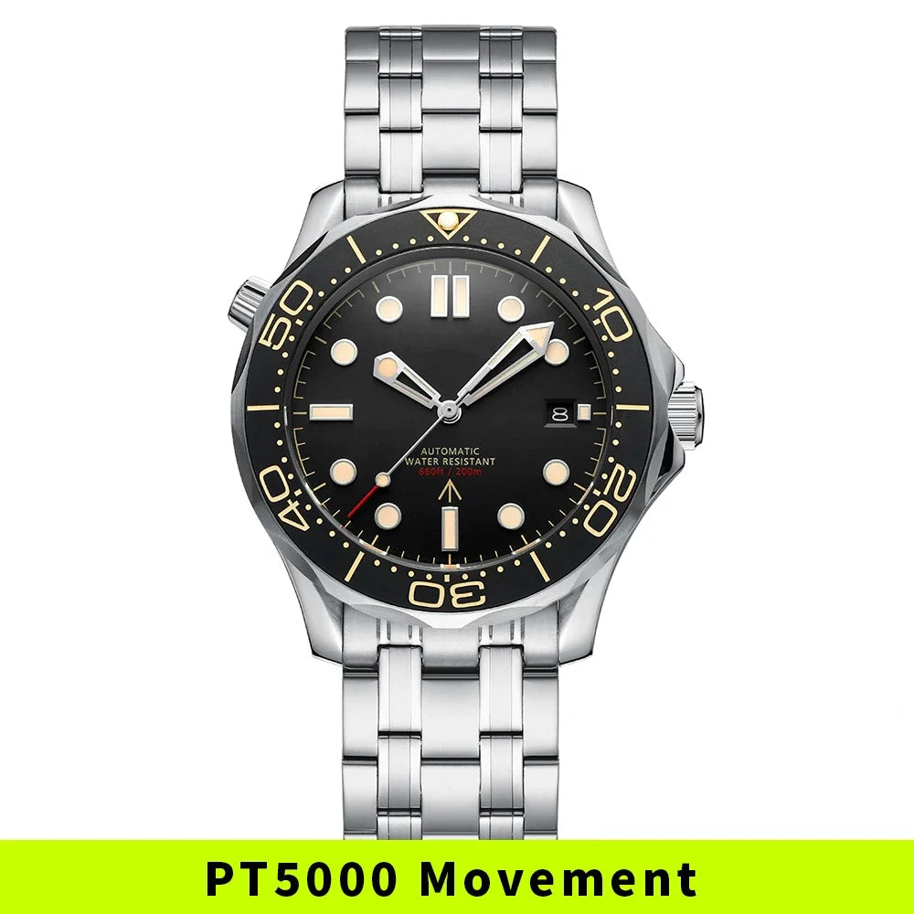 PHYLIDA Black Dial PT5000 MIYOTA Automatic Watch DIVER 200M 007 NTTD Style Sapphire Crystal Solid Bracelet Waterproof 20Bar