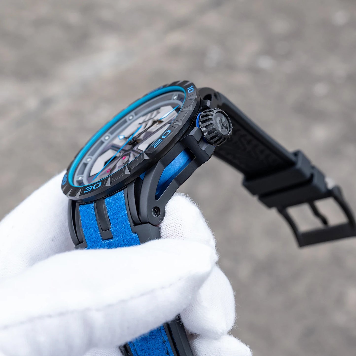 OBLVLO Men's Luxury Machinery Skeleton Mechanical Automatic Watches Analog Big Dial Blue Rubber Band Military Watch RD-909