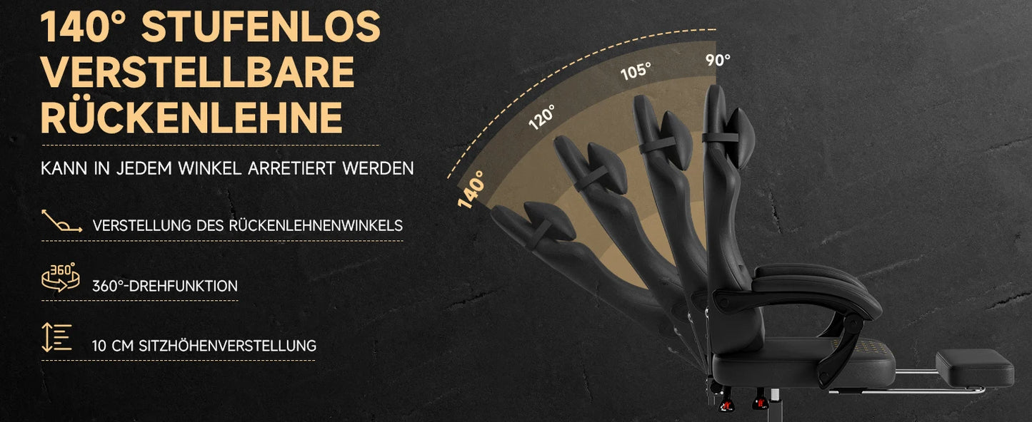 PINGGO Ergonomischer Gaming-Stuhl mit Fußstütze und Massagefunktion, PVC-Leder-Bürostuhl für PC-Gaming, Belastbarkeit 150kg