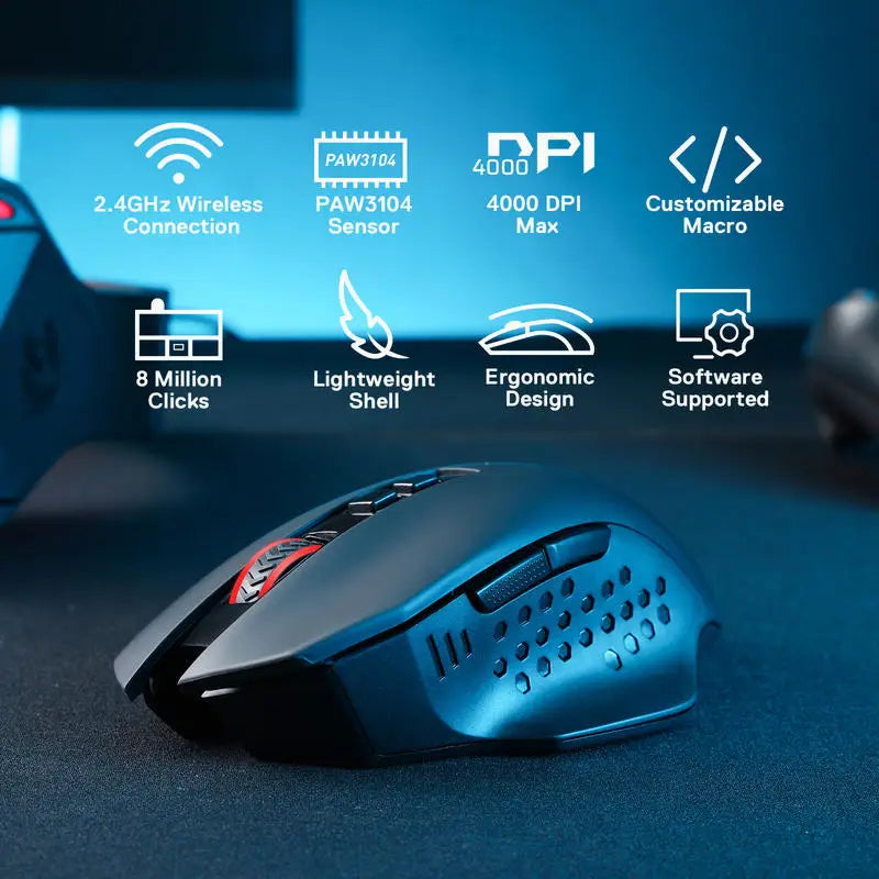 Mouse de gaming wireless Redragon M656 Gainer, 4000 DPI, 2.4Ghz, mouse wireless pentru gameri cu 5 niveluri DPI, 7 butoane macro, iluminare roșie LED