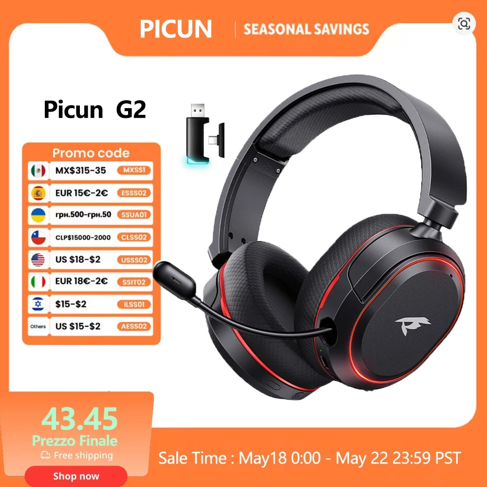 Cuffie da gaming wireless Picun G2 Bluetooth 5.3 – audio surround 7.1, microfono ENC, batteria 100H, cuffie a bassa latenza per PC, PS5, PS4, Switch e dispositivi mobili