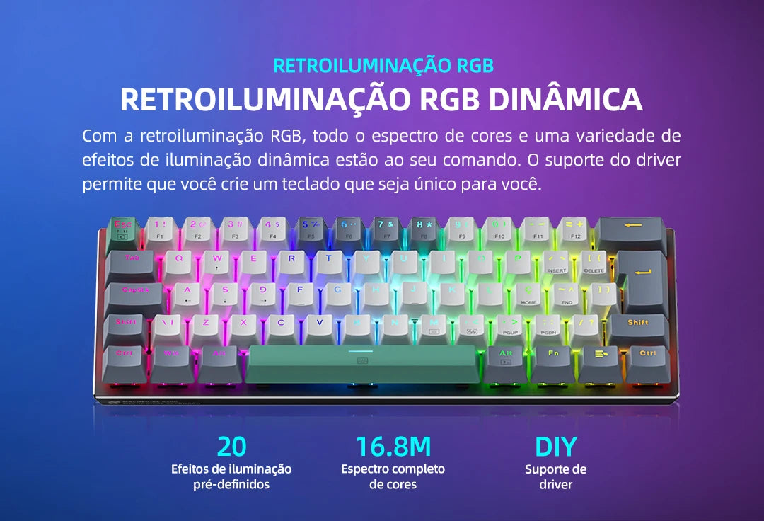 Teclado Mecânico Mini Machenike K500-B61 60% Layout ABNT2, Retroiluminação RGB, Hot-swappable, NKRO, Teclado Gaming com Fios para PC Gamer