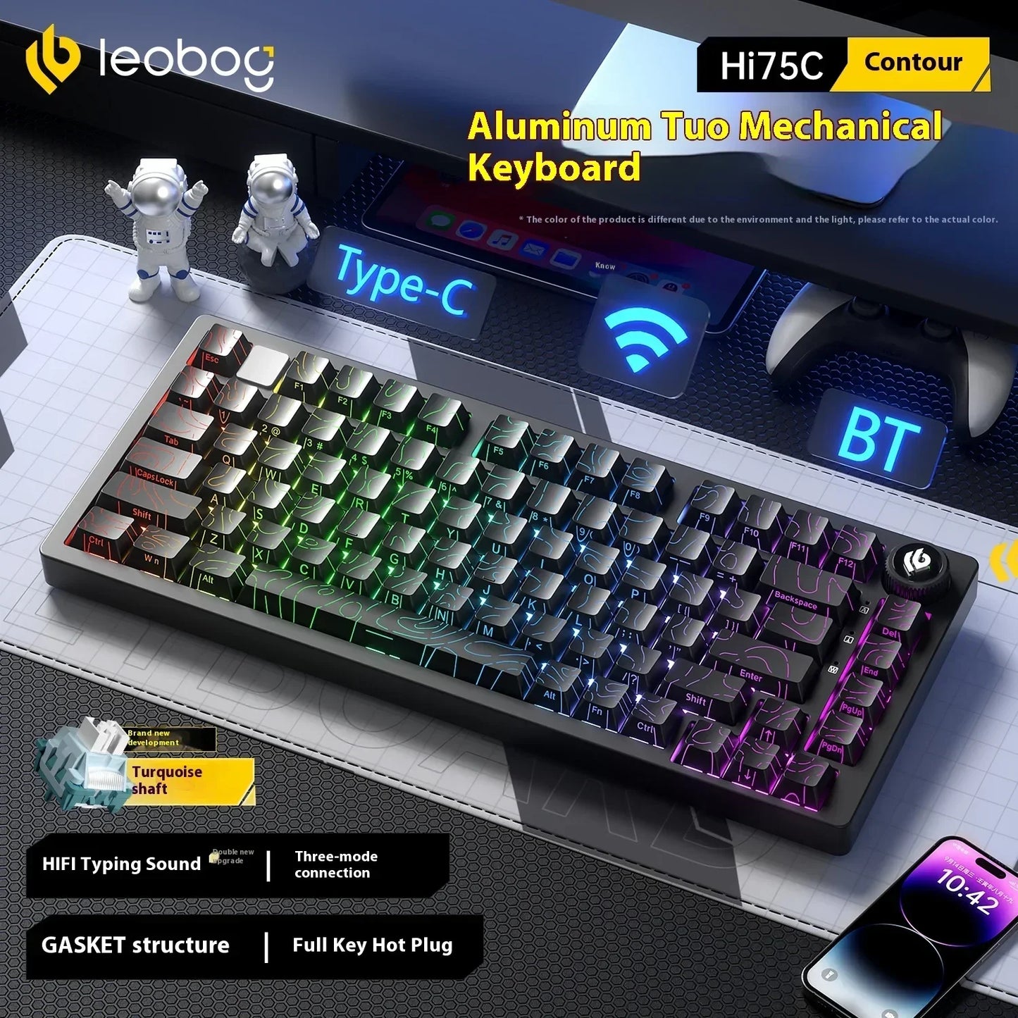 Kit de Teclado Mecânico LEOBOG Hi75C 3 Modos/Com Fio Hot-Swap com Botão Rotativo RGB, Liga de Alumínio, Montagem Gasket, Kit de Teclado Hi75C Personalizado para PC, Presente