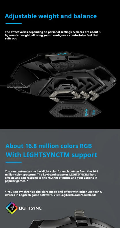 Logitech G502 HERO kablet gamingmus til e-sport, PUBG, mekanisk mus med RGB-lys, justerbar vægt og programmerbare makroer