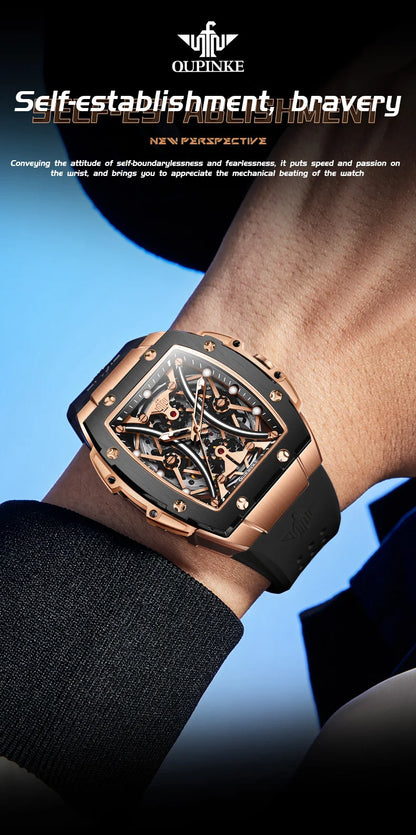 Relógio masculino OUPINKE clássico de luxo com mostrador tonneau, marca de topo, original, automático mecânico, bracelete em silicone e vidro de safira, novo