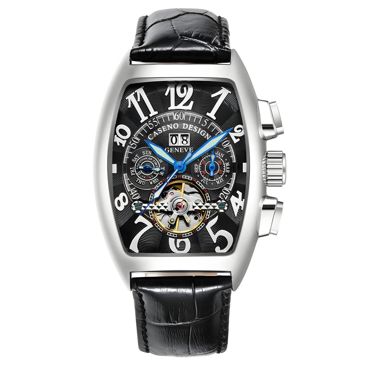 CASENO Top Luxury Brand Men's Fully Automatic Mechanical Tourbillon Watch Calendar Night Glow Tonneau Skeleton Watch -577G
