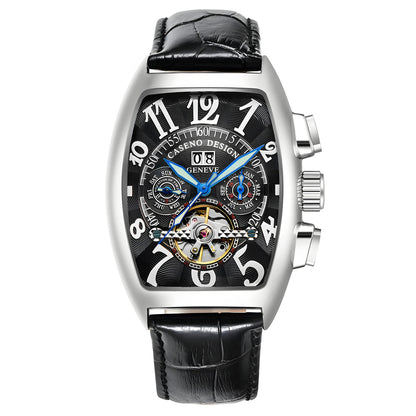 CASENO Top Luxury Brand Men's Fully Automatic Mechanical Tourbillon Watch Calendar Night Glow Tonneau Skeleton Watch -577G