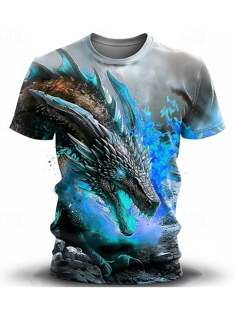 2024 zomer streetstyle heren-T-shirt, urban everyday casual top met korte mouwen, 3D-drakenprint, outdoor heren-T-shirt