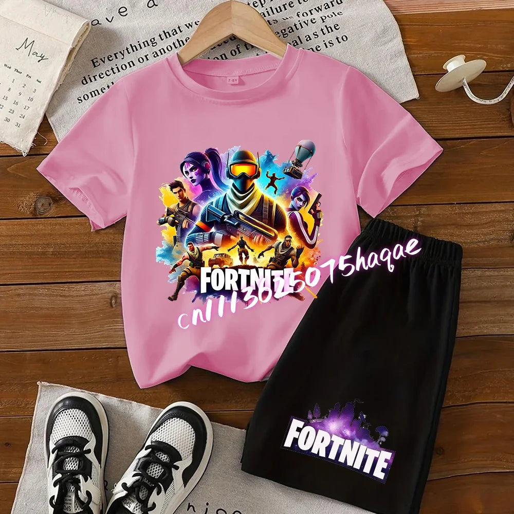 Angesagtes Fortnite-Kinder-Set mit T-Shirt und Shorts, Cartoon-Figur-Print, Sommer-Freizeit-Sportbekleidung für Jungen