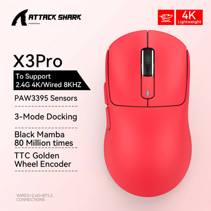 ATTACK SHARK X3 Wireless Gaming Mouse, Tri-Mode Bluetooth Gaming Mouse with PAW3395 Sensor, 26,000 DPI, 4K Polling Rate, RGB Gaming Mouse