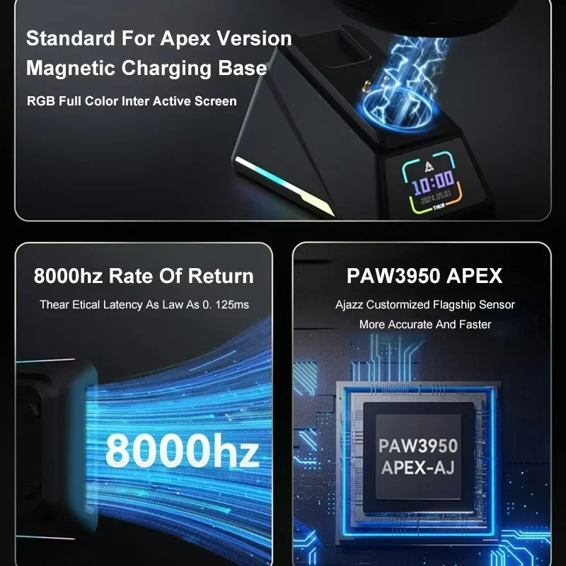 Ratón gaming inalámbrico Ajazz AJ179 APEX con base con pantalla a color, Bluetooth, PAW3395, batería de 400mAh, frecuencia de actualización de 8000Hz