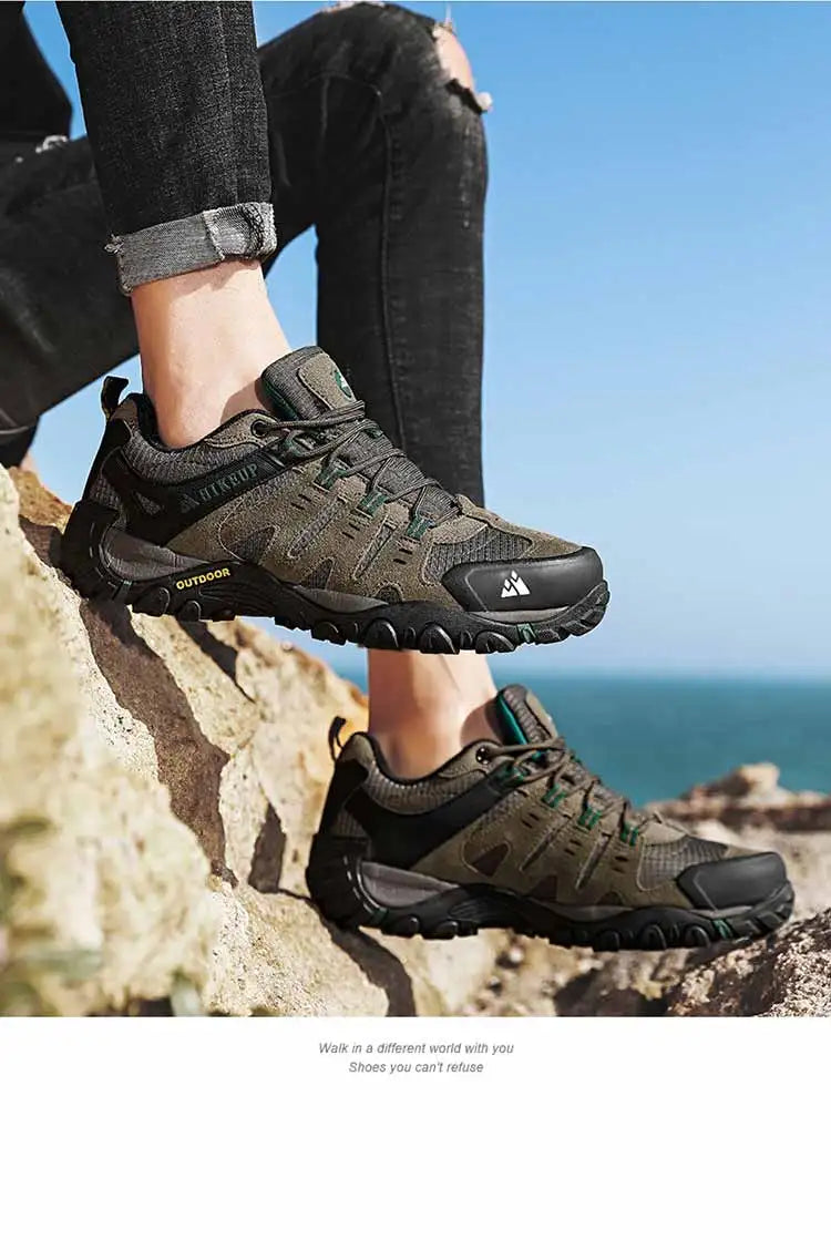 HIKEUP Мъжки туристически обувки от велурена кожа, устойчиви на износване outdoor обувки за трекинг, разходки, лов и тактически маратонки