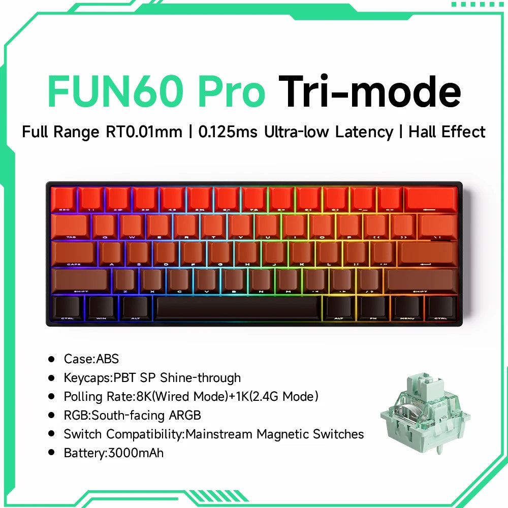 Teclado Mecânico Akko MonsGeek FUN60 com Switch Magnético, 60%, Teclado Gaming, Rapid Trigger 0.01mm, 8K, ARGB, HE/TMR, Teclado Personalizado