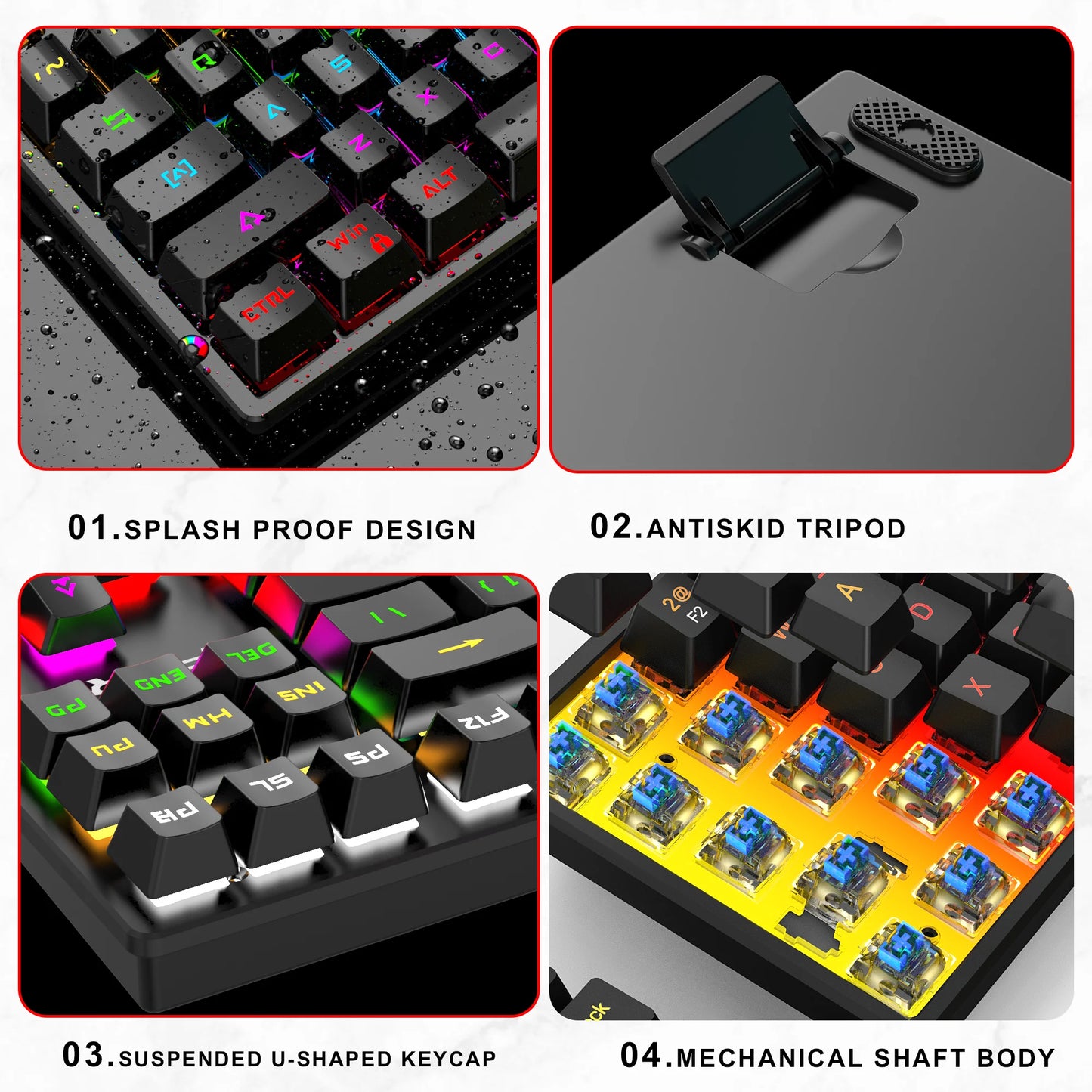 Teclado Gaming com Fio de 104 Teclas com Sensação Mecânica para Portátil e PC, Ergonómico, Retroiluminado RGB, 61 Teclas, Switches Cyan e Keycaps