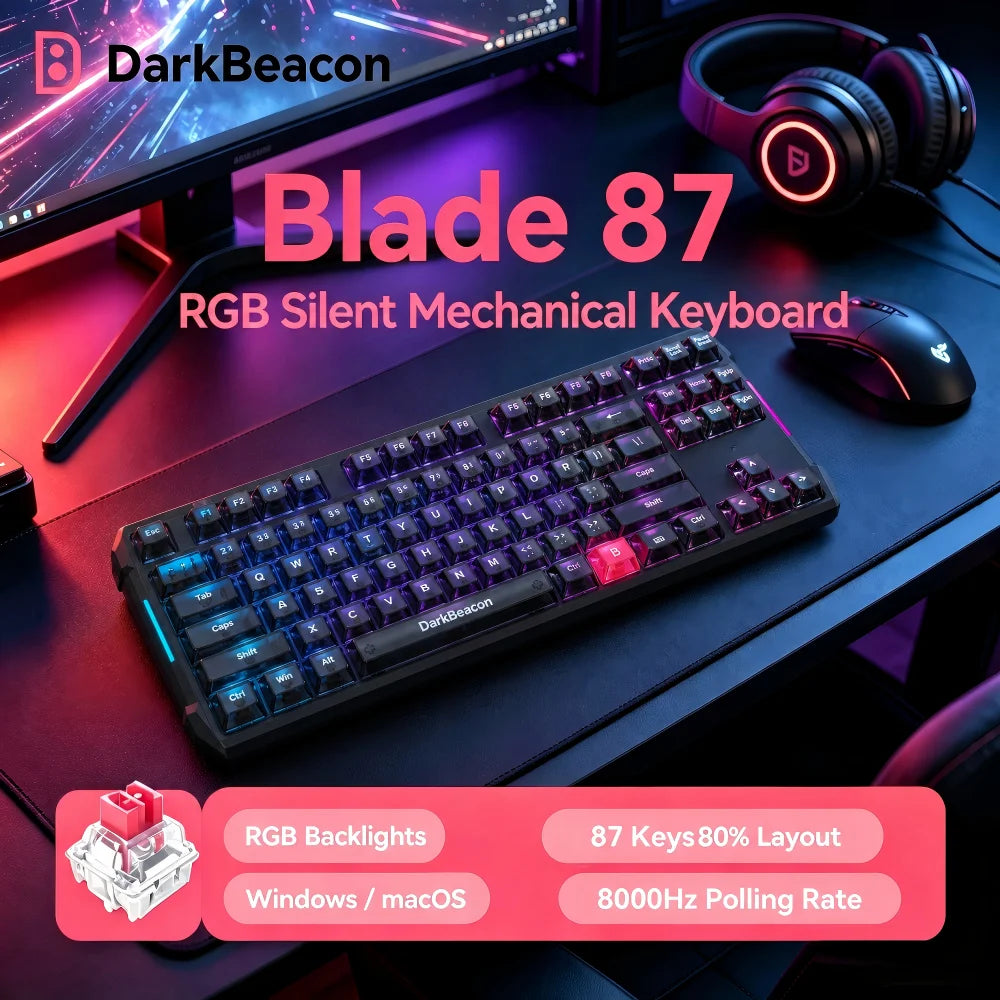 DarKBeacon RGB Teclado TKL Compacto de 87 Teclas USB com Fio, Hot-Swappable, Mecânico Silencioso, para Windows, Portátil, PC e Gaming