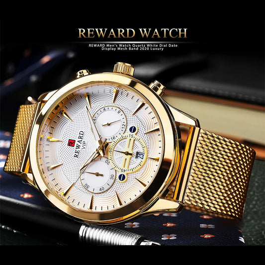 REWARD Business Watches Quartz Movement Fashion Men Gold Stainless Steel Watch Luxury Calendar Quartz Wrist Watch