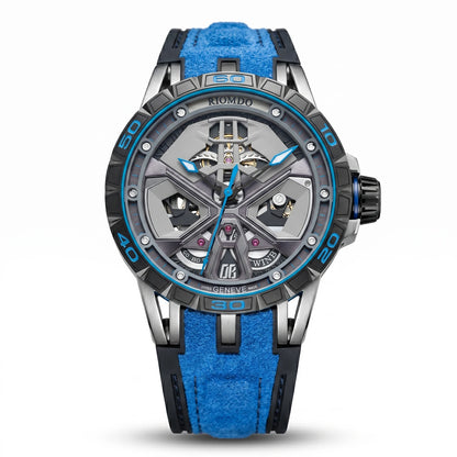 OBLVLO Men's Luxury Machinery Skeleton Mechanical Automatic Watches Analog Big Dial Blue Rubber Band Military Watch RD-909