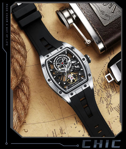 MINI FOCUS Herren-Armbanduhr, modisch, schwarz, wasserdicht, automatische mechanische Uhr mit Leuchtzeigern, Silikonarmband und Tonneau-Zifferblatt
