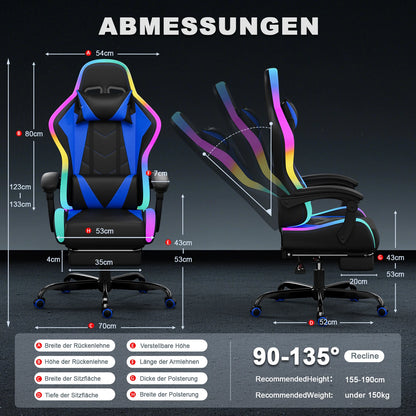 Devoko fabric gaming chair with LED lighting Comfortable ergonomic design with footrest and height adjustable headrest
