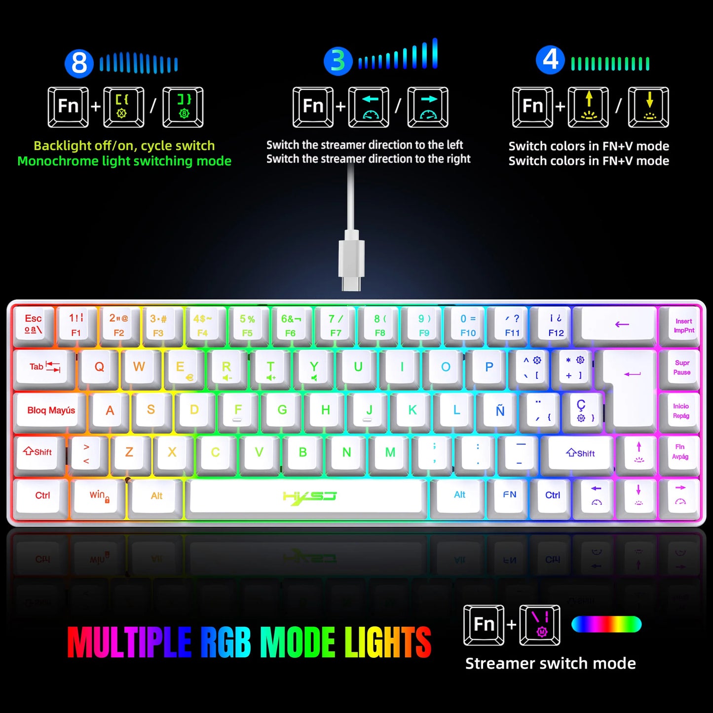 Hot Sale! Spanische kabelgebundene Gaming-Tastatur mit 69 Tasten und RGB-Hintergrundbeleuchtung, kompaktes 68%-Design, ein unverzichtbares Gadget für Büroangestellte und Gamer