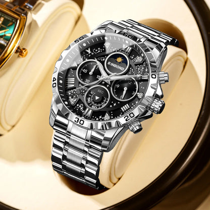 2026 Herrenuhr – leichter Luxus, Business-Stahlarmband, Mondphase, Sternennacht-Design, wasserdicht, modische Quarzuhr für Herren, Geschenk