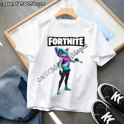 T-shirts Infantis Fortnite Novidade de Verão, T-shirt com Figura de Desenho Animado, Estampado Gráfico, Casual e Desportivo, Manga Curta, Tops Desportivos para Criança, Roupa para Rapazes