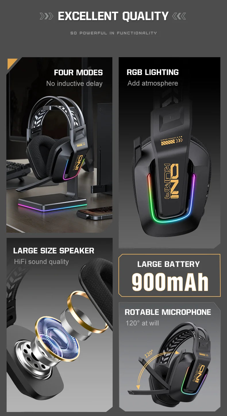 Cuffie da gaming wireless ONIKUMA GT828 Bluetooth 5.3 RGB con microfono, cancellazione del rumore e connessione a 4 modalità per PC, PS5 e laptop