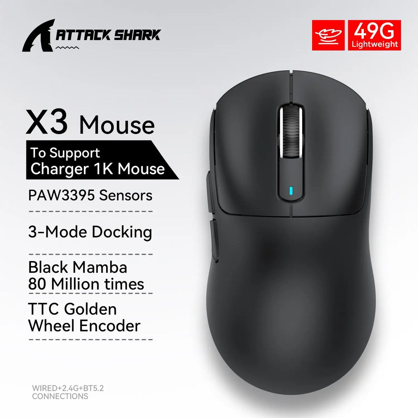 ATTACK SHARK X3 Wireless Gaming Mouse, Tri-Mode Bluetooth Gaming Mouse with PAW3395 Sensor, 26,000 DPI, 4K Polling Rate, RGB Gaming Mouse