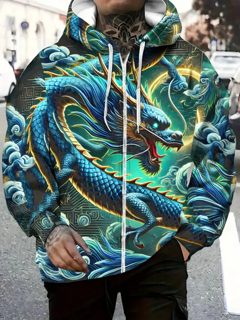 Herren-Hoodie mit Drachenprint und Reißverschluss, Kordelzug, langen Ärmeln, Oversize-Passform, für Outdoor-Aktivitäten und Reisen, Herbst/Winter