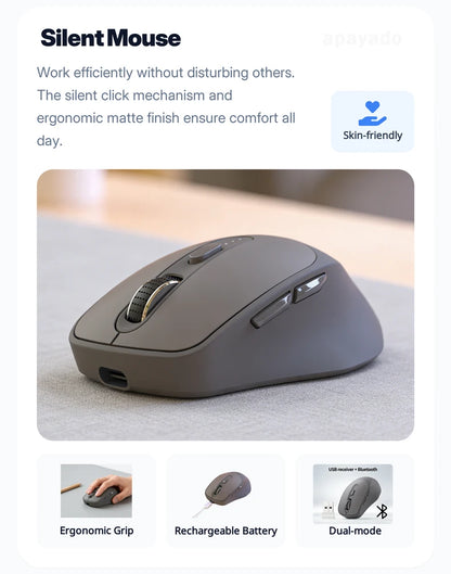FREEWOLF X7 Wireless Mouse Bluetooth 2.4G Dual Mode Silent Rechargeable 4000 DPI Battery Indicator Ergonomic for PC Mac Laptop