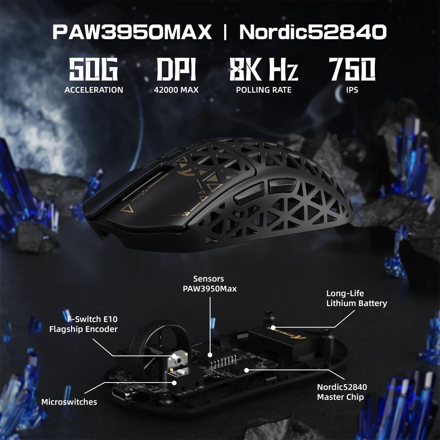 Bezdrátová herní myš ATTACK SHARK R5 Ultra 8K z uhlíkových vláken se senzorem 42000 DPI-PAW3950 MAX – ultralehká 39g pro Win/Mac