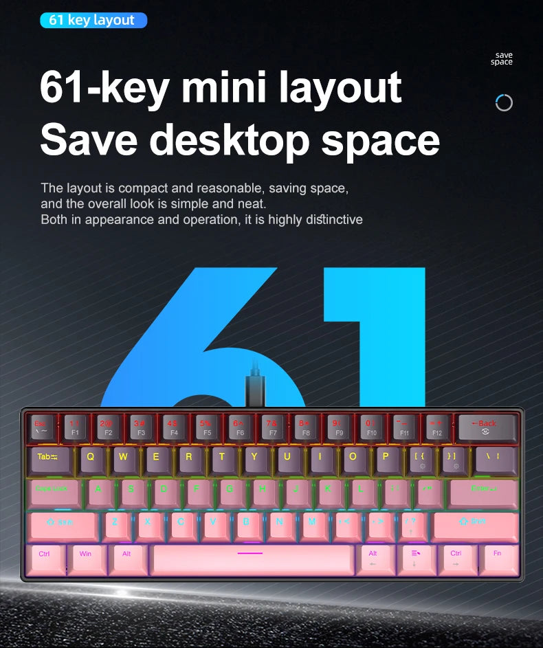 APAYADO K61 Mini Mechanical Keyboard, Wired, 61 Keys, Phantom RGB, Black/White Red/Blue Mechanical Switch for Gaming, 60% Portable